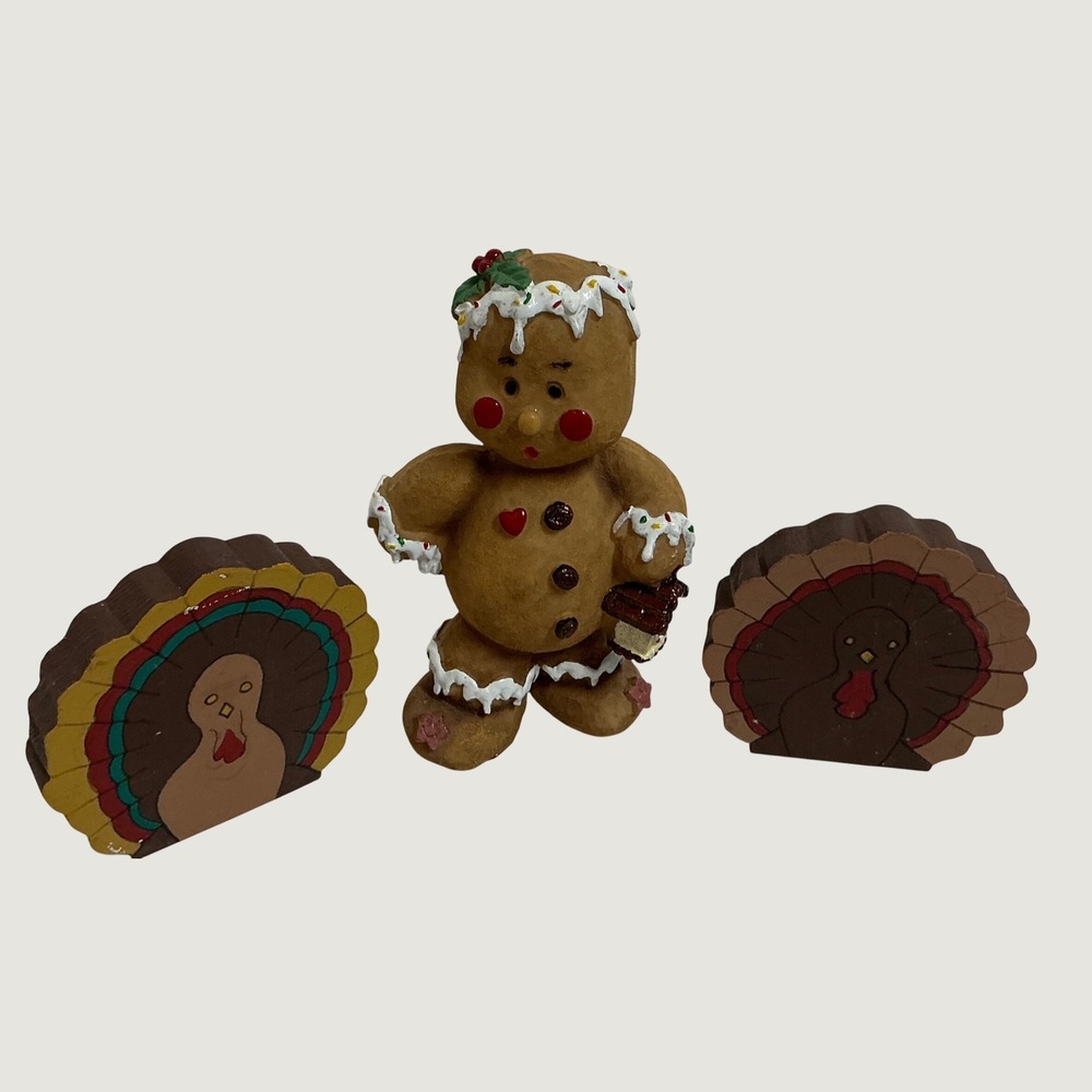 Vintage Thanksgiving Christmas Decor Gingerbread Man Turkey Wood Block Set 3pc